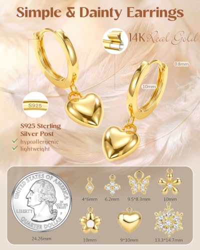 FIBO STEEL 14K Gold Plated Hoop Earrings with Charms for Women Huggie Hoops | Hypoallergenic 925 Sterling Silver Post Dangle Earrings Small Silver Gold Hoops Earring Cubic Zirconia Dangle Drop Jewelry - color: Puffy Heart - 14K Gold Plated