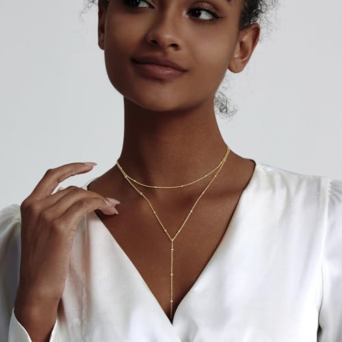 HERIER Lariat Gold Necklace for Women, Dainty Long Necklace 14k Gold Plated/Silver Y-Shaped Layered Beaded Chain Drop Necklaces for Women Trendy Simple Gold Jewelry for Women Gifts - color: Y Small Layered Bead-Gold