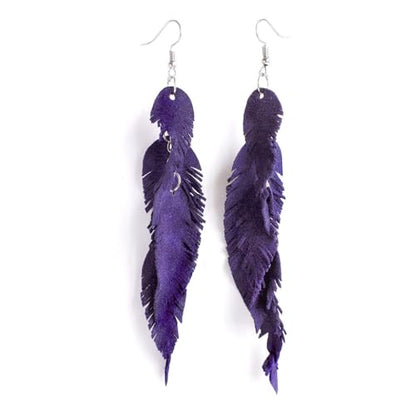 Leather Feather Earrings, Suede layered earrings, boho wedding jewelry, summer earrings, gift for her, dangle earrings - color: purple
