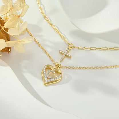 14K Gold Plated Layering Necklaces,Heart Initial Layered Necklace Cross Pendant Necklace Charm Personalized Stackable Jewelry Gift for Her - style: B