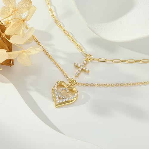 14K Gold Plated Layering Necklaces,Heart Initial Layered Necklace Cross Pendant Necklace Charm Personalized Stackable Jewelry Gift for Her - style: C