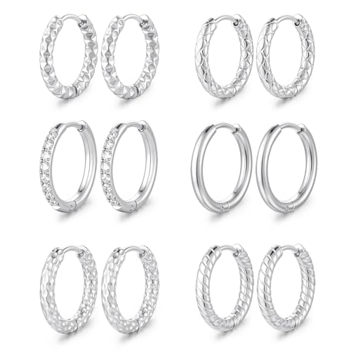 Small Hoop Earrings for Women, Stainless Steel Huggie Hoop earrings, 18G | 2/4/6 Pairs, 6mm/8mm/12mm Small Hoop Earrings, Lobe Helix Conch Tragus Daith Rook Cartilage Piercing Jewelry,Gold Silver - color: Silver-6 pairs Hoop Earrings-12mm