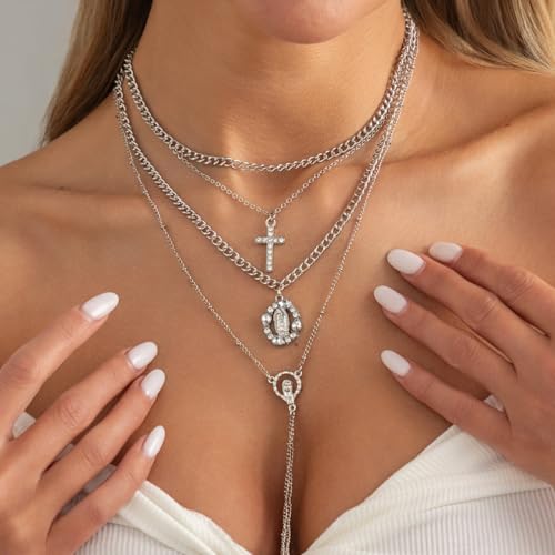 Gold Layered Necklace for Women Chunky Stacked Chain Link Paperclip Evil Eye Necklace Trendy Punk Jewelry - color: T-SilverA