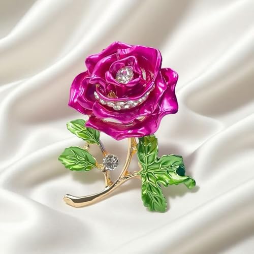 Gradient Purple Rose Flower Brooch Enamel Crystal Floral Lapel Pin Gold Tone Elegant Brooch for Women Suit Coat Scarf Accessory - color: Hot Pink