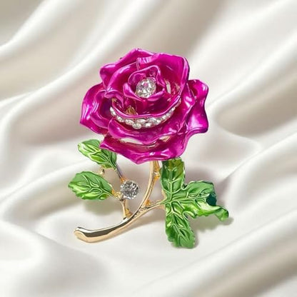 Gradient Purple Rose Flower Brooch Enamel Crystal Floral Lapel Pin Gold Tone Elegant Brooch for Women Suit Coat Scarf Accessory - color: Hot Pink