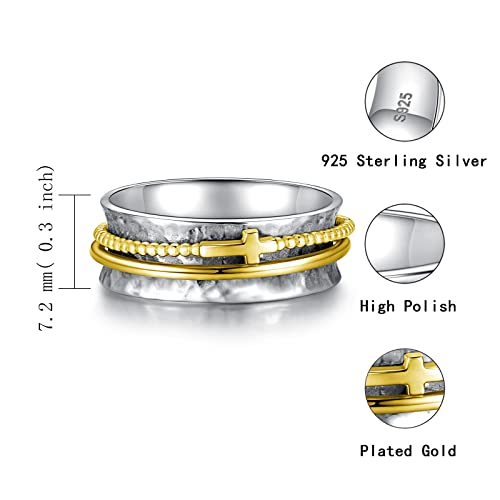 Sariel Cross Fidget Ring for Women - 925 Sterling Silver Spinner Rings Spinning Band Rings Wide Hammered - color: Gold