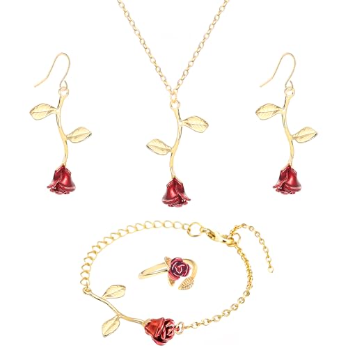 NEWITIN 4 Pieces Flower Jewelry Set for Women Fashion Costume Jewels Pink Flower Dangle Earrings Necklace Floral Beads Bracelet Gold Jewelry Set for Women - color: Rose Flower Jewelry Set