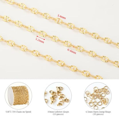 KYUNHOO 9.8 Feet Stainless Steel Jewelry Making Chains for Crafting | Gold Plated Chains Bulk Embossed Oval Chain Links with Lobster Clasps Jump Rings for Handcraft Making Supplies - color: Embossed Oval Gold