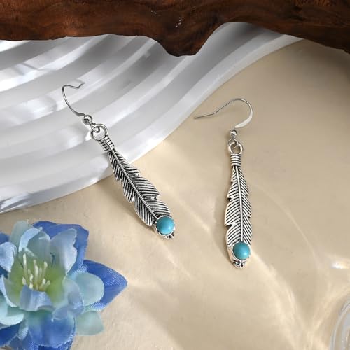Bohemian Silver Feather Dangle Earrings for Women | Hypoallergenic Silver Turquoise Drop Dangle Earrings with Western Boho Jewelry