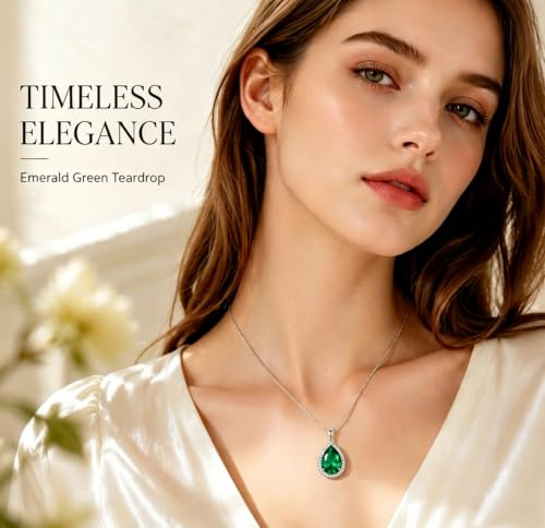 VONSSY Classic Oval Pendant Gemstone Necklace | Crystal Ruby Sapphire Waterdrop Birthstone Teardrop Emerald Necklace | 18K Platinum Gold Plated Chain | Jewelry Gift for Mother Wife Girlfriend - color: NL-Green-Platinunm