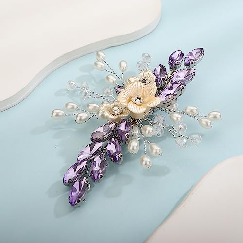 Xerling Light Purple Rhinestones Crystal Flower Hair Barrettes Clip Boho Bridal Pearl Hair Jewelry Accessories for Women Wedding Floral Headpieces (Purple A) - color: Purple A