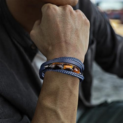 Mens Tiger Eye Leather Bracelet, Natural Tiger Eye Stone Multi-Layer Braided Cuff Bracelets for Men, Stainless Steel with Buckle Memorial Bangle Gifts for Him - color: Blue