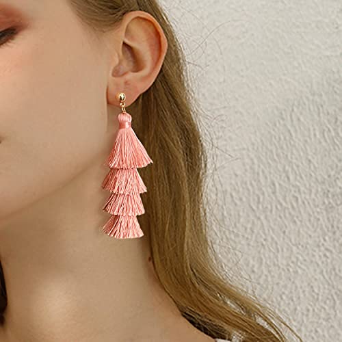 BaubleStar Bohemian Layered Tassel Drop Earrings for Women | Lightweight Statement Party Festival Jewelry - color: Blush
