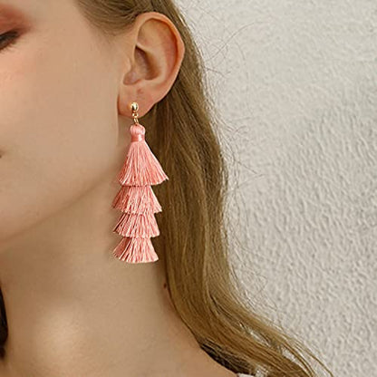 BaubleStar Bohemian Layered Tassel Drop Earrings for Women | Lightweight Statement Party Festival Jewelry - color: Blush