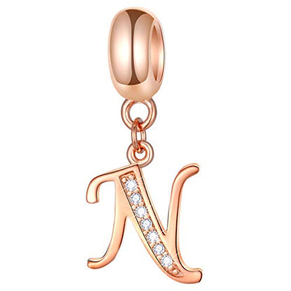 EMOSTAR Letter Charms Initial A-Z Alphabet Beads, Rose Gold 925 Sterling Silver Dangle CZ Birthstone Pendant, Gifts for European Charm Bracelet/Mothers Day/Birthday - color: Letter N
