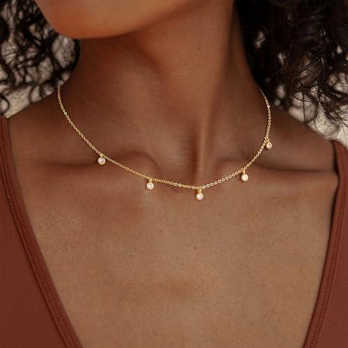 Ursteel 14K-Gold-Plated Necklace for Women Girls, Cute Daisy Pearl Necklace for Girls Clover Butterfly Cubic Zirconia Flower Evil Eye Station Necklaces for Women Teen Girl Gifts - color: Round Zircon