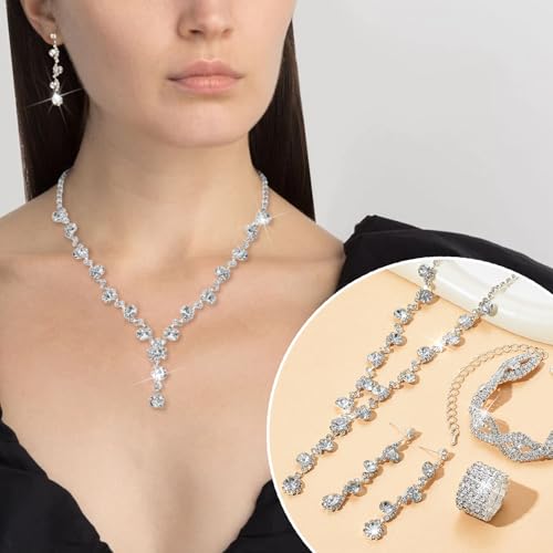MEDOJO 10Pcs Silvery Rhinestone Jewelry Set for Women Bride Wedding Prom Jewelry Evening Rhinestone Sparkly Clutch Purse Bag Necklace Tennise Layered Bracelets CZ Ring Crystal Drop Earring Set Silvery Shiny Costume Kit - color: Silvery