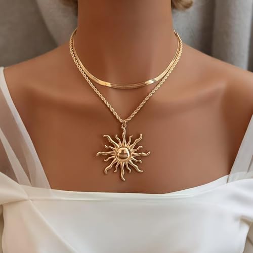 Sun Necklace for Women 14K Gold Silver Plated Layered Charm Necklace Double Chain Charm Pendant Necklaces Trendy Daily Wear Statement Jewelry Gift - color: Gold
