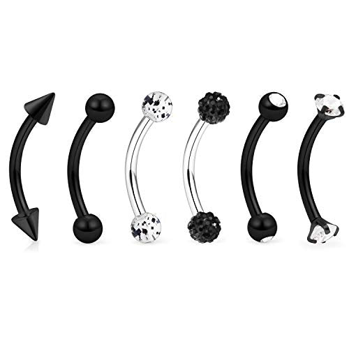 6-12 Pcs 16G Stainless Steel Eyebrow Piercing Rings Clear CZ Curved Barbell Helix Daith Piercing Body Jewelry for Women Men - style: 5/16"(8mm) black