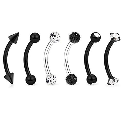 6-12 Pcs 16G Stainless Steel Eyebrow Piercing Rings Clear CZ Curved Barbell Helix Daith Piercing Body Jewelry for Women Men - style: 5/16"(8mm) black