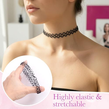 PAGOW Tattoo Choker Set, Stretchy 90s Choker Necklace, Adjustable Retro Y2K Gothic Grunge Chokers Jewelry Accessories - color: Black,Clear,12Pcs