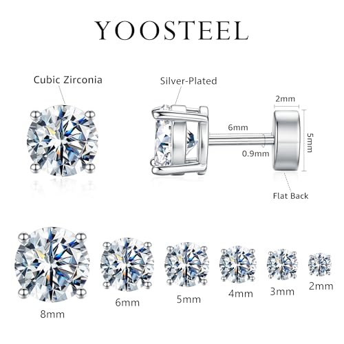 6 Pairs Hypoallergenic Flat Back Earrings for Women Girls,Stud Earring Set | Cartilage Earrings for Sensitive Ears,Cubic Zirconia Ball Pearl Earring,Screw Back Helix Conch Piercing Sets,Jewelry Gifts - color: CZ-Sliver-Plated