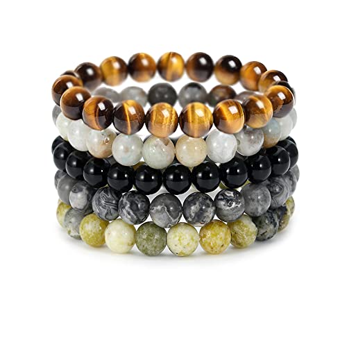 BOMAIL 5PCS Semi-Precious Gemstone Beaded Bracelet 8mm Round Beaded | Healing Crystal Stone, Stretch Bracelets, Unisex, Handmade,Elastic,Yoga Beads Bracelets,Jewelry Gift - color: B