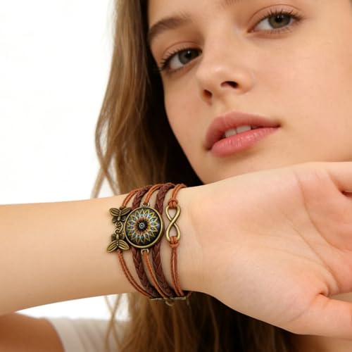 Adjustable Yoga Mandala Bracelet – Women’s Handmade Boho Braided Faux Leather Jewelry with Butterfly Charm