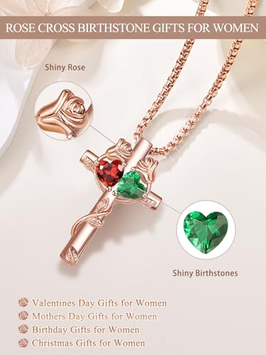 Rose Gold Cross Necklace with 2 Birthstones and Rose | Cross with Birthstone Necklace, Hypoallergenic, Adjustable Rolo Chain, Birthday Gifts, Catholic Christian Religious Jewelry - color: 01-05-Jan-May Birthstone