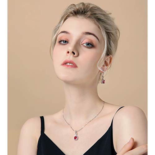 AMYJANE Crystal Jewelry Set for Women - Sterling Silver Square Cubic Zirconia CZ Bridal Pendant Necklace Earrings Set for Wedding Bride Bridesmaids Birthstone Fashion Jewelry Set - color: Ruby