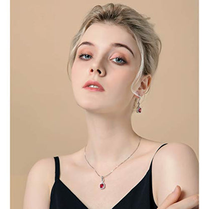 AMYJANE Crystal Jewelry Set for Women - Sterling Silver Square Cubic Zirconia CZ Bridal Pendant Necklace Earrings Set for Wedding Bride Bridesmaids Birthstone Fashion Jewelry Set - color: Ruby