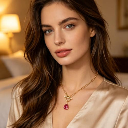 Teardrop CZ Pendant Paperclip Chain Necklace 18K Plated Paperclip Toggle Necklace Jewelry Birthstone Gift for Women - color: Ruby-July