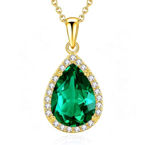 VONSSY Classic Oval Pendant Gemstone Necklace | Crystal Ruby Sapphire Waterdrop Birthstone Teardrop Emerald Necklace | 18K Platinum Gold Plated Chain | Jewelry Gift for Mother Wife Girlfriend - color: NL-Green-Gold