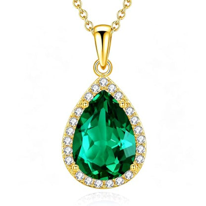 VONSSY Classic Oval Pendant Gemstone Necklace | Crystal Ruby Sapphire Waterdrop Birthstone Teardrop Emerald Necklace | 18K Platinum Gold Plated Chain | Jewelry Gift for Mother Wife Girlfriend - color: NL-Green-Gold
