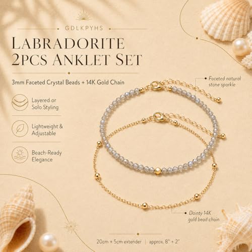 2Pcs Beaded Anklets for Women, Natural Stone Bead Ankle Bracelets with 14K Gold Plated Chain, Waterproof Adjustable Layered Anklet Set, Boho Beach Summer Jewelry Gift - color: Labradorite
