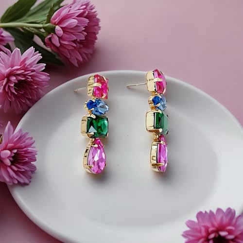 Dainty Sparkly Crystal Square Teardrop Circle Dangle Drop Earrings Long Chic Glitter Rhinestones Geometry Stud Earrings For Women - style: Rose Red Blue Green