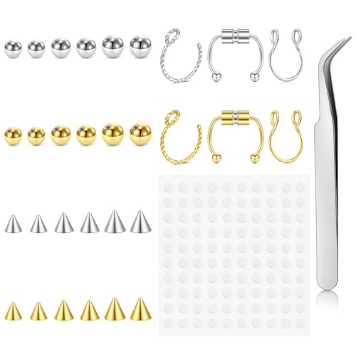 Zolure Fake Piercing Fake Eyebrow Ring Fake Lip Labret Studs Replacement Balls Spike with 100pcs Sticker Non-Piercing Body Jewelry - color: Mix Color #3