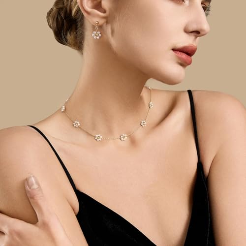 Raicegs Pearl Jewelry Set for Women Wedding Pearl Necklace Bracelet Earrings Set Bride Bridesmaid Dainty Jewelry Gift for Women - color: Flower Jewelry