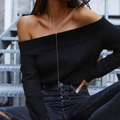 FOCALOOK Long Necklaces for Women, 14K Gold Plated Lariat Drop Bar Pendant | Hypoallergenic, 28"-30" Long Y-Shaped Chain, Layered Look, Minimalist Trendy Jewelry, Pairs Perfectly with V-Necklines - color: 02: V-Shape Silver