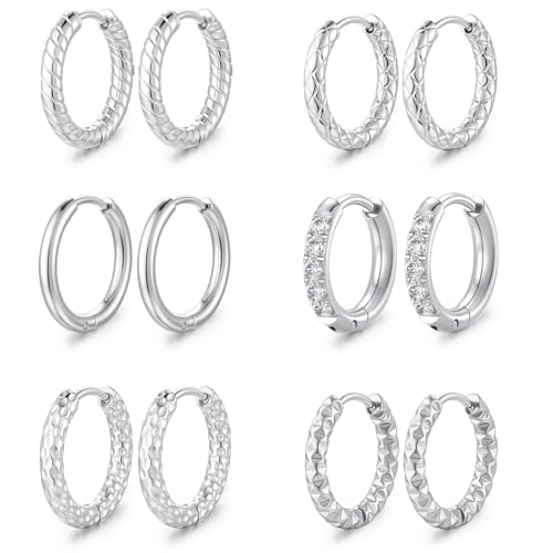 Small Hoop Earrings for Women, Stainless Steel Huggie Hoop earrings, 18G | 2/4/6 Pairs, 6mm/8mm/12mm Small Hoop Earrings, Lobe Helix Conch Tragus Daith Rook Cartilage Piercing Jewelry,Gold Silver - color: Silver-6 pairs Hoop Earrings-8mm