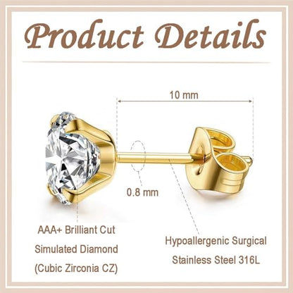 12 Pairs Stud Earrings Set, Hypoallergenic Surgical Stainless Steel 316L Earring for Women Men, Small Earring Studs Pack with Cubic Zirconia - color: Gold-3mm x 12 Pairs