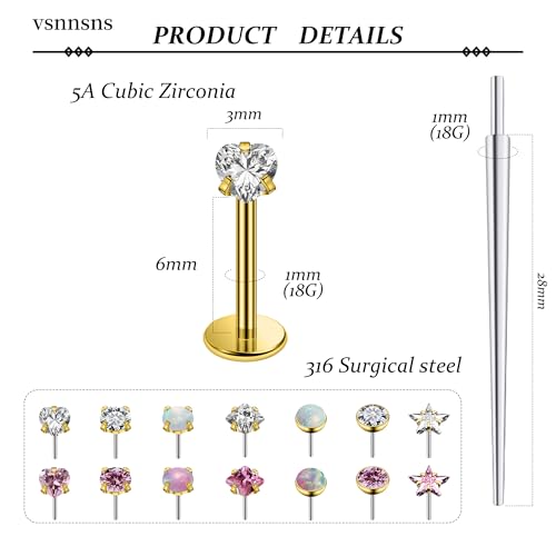 Vsnnsns 14K Gold Plated 16G 18G 20G Threadless Nose Rings Studs Flat Back Earrings Stainless Steel Tragus Helix Conch Earrings Stud Snake Bite Lip Rings Labret Medusa Piercing Jewelry for Women Men - color: 14K Gold Plated-18G-6MM Bar Lenght