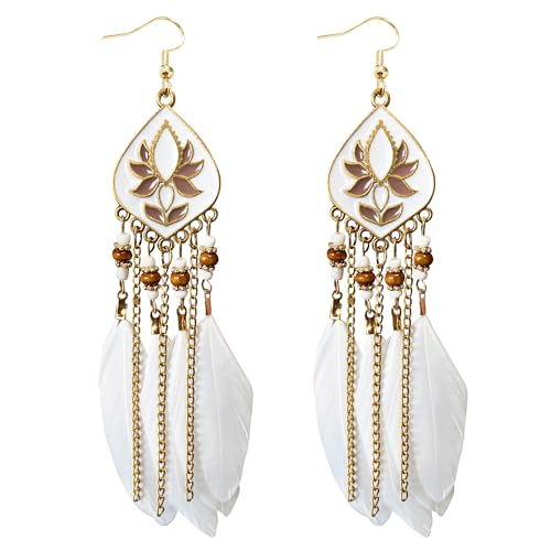 Long Tassel Feather Earrings for Women Handmade Vintage Bohemian Multicolor Tassel Feathers Dangle Drop Earrings Jewelry - color: white