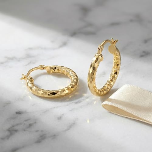 14K Gold Hoop Earrings for Women 14K Gold Earrings Classic Shiny Polished Round Big Hoop Earring for Women Hypoallergenic Womens Earring Hoops - size: 25mm