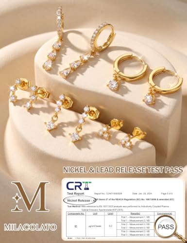 MILACOLATO 5 Pairs 925 Sterling Silver Earrings for Women Trendy Ear Stacks | 14K Gold Plated Stud Huggie Hoop Earrings Set Hypoallergenic CZ Pearl Dangle Earring Prom Bridal Bridesmaids Wedding Jewelry - color: Gold - 2 Pairs of CZ Hoops + 3 Pairs of CZ