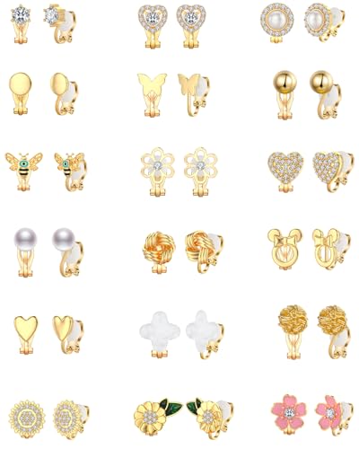 18 Pairs Clip on Earrings for Women Teens Girls | Hypoallergenic Non Pierced Cute Clip on Earrings Set Faux Pearl Heart Flower Love Knot Clip Stud Earrings Jewelry Gifts