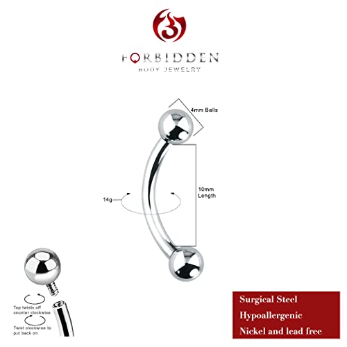 Forbidden Body Jewelry Curved Barbell Piercing Jewelry - 00GA-16GA Silver Eyebrow Piercing - Surgical Steel Snake Eye Frog Eyes Tongue Rings & Belly Rings for Women (6/14mm Bar, 3/12mm Balls) - style: 14GA, 10mm Length, 4mm Balls
