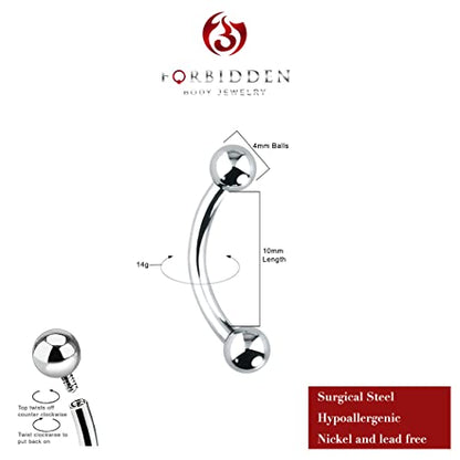 Forbidden Body Jewelry Curved Barbell Piercing Jewelry - 00GA-16GA Silver Eyebrow Piercing - Surgical Steel Snake Eye Frog Eyes Tongue Rings & Belly Rings for Women (6/14mm Bar, 3/12mm Balls) - style: 14GA, 10mm Length, 4mm Balls
