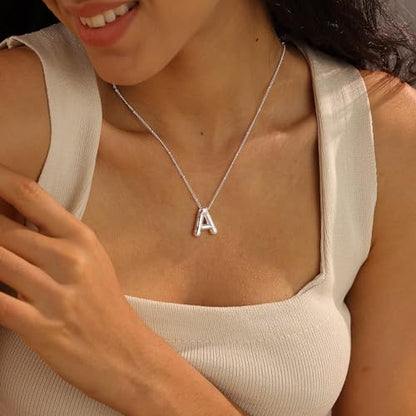 Ewrkbrㅤ Initial Necklaces for Women, 14k Gold Plated Bubble Letter Necklace Chunky Gold Necklace Dainty Charm Initial Necklaces for Women Trendy Custom Preppy Stocking Stuff Necklace Christmas Gifts - color: Silver, style: U