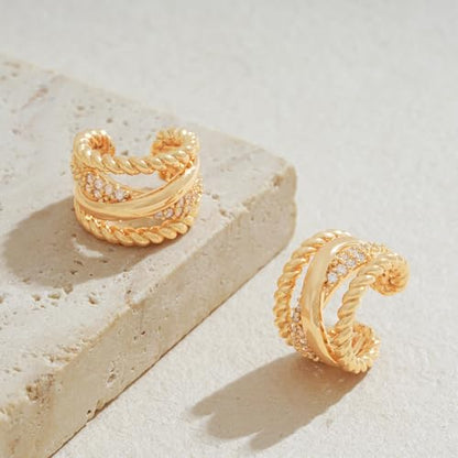 Gold Ear Cuff Earring for Women 14K Gold Plated Cubic Zirconia Non-Pierced Clip on Cartilage Chunky Ear Cuffs Hypoallergenic Jewelry - style: x rope / pair